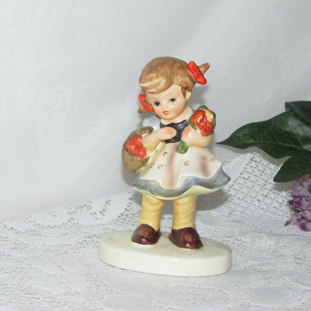 Vintage Hand Painted Figurine Girl with Basket Taiwan Cute Collectible Decor